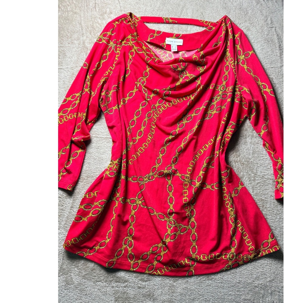 Susan Graver Red Gold Chain Print‎ Cowl Neck Tunic Top 3/4 Sleeve Large